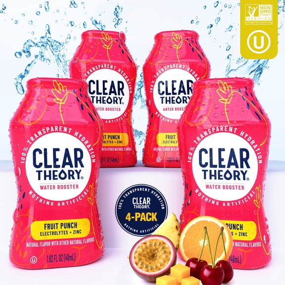 Clear Theory Water Flavoring Drops with Electrolytes, Water Enhancer Liquid Flavored Water Drink Mix, Hydration for Kids, Vegan, Gluten Free, Low Calorie, Fruit Punch, 4 Pack, 1.62 Fl Oz Bottles