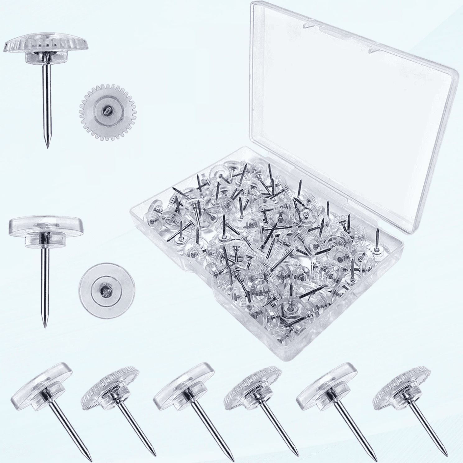 Clear Thumb Tacks for Wall Hangings Plastic & Gear Push Pins 100 Count Cork Board Flat Head