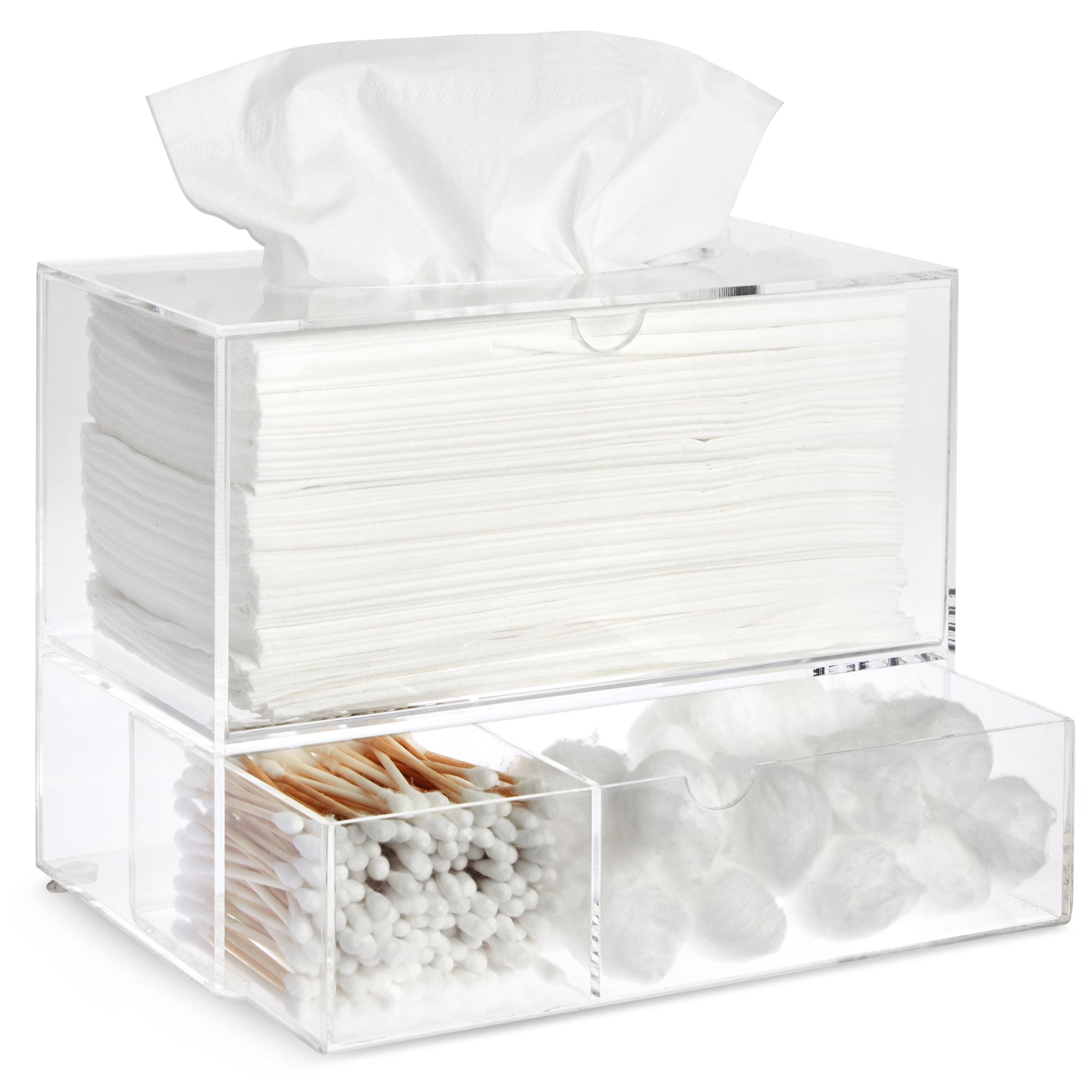 Clear Tissue Box Holder with Pull Out Drawer, Rectangle Dispenser Tissue Box  Cover and Cosmetic Organizer for Bathroom (9.3 x 7 x 5 In) 