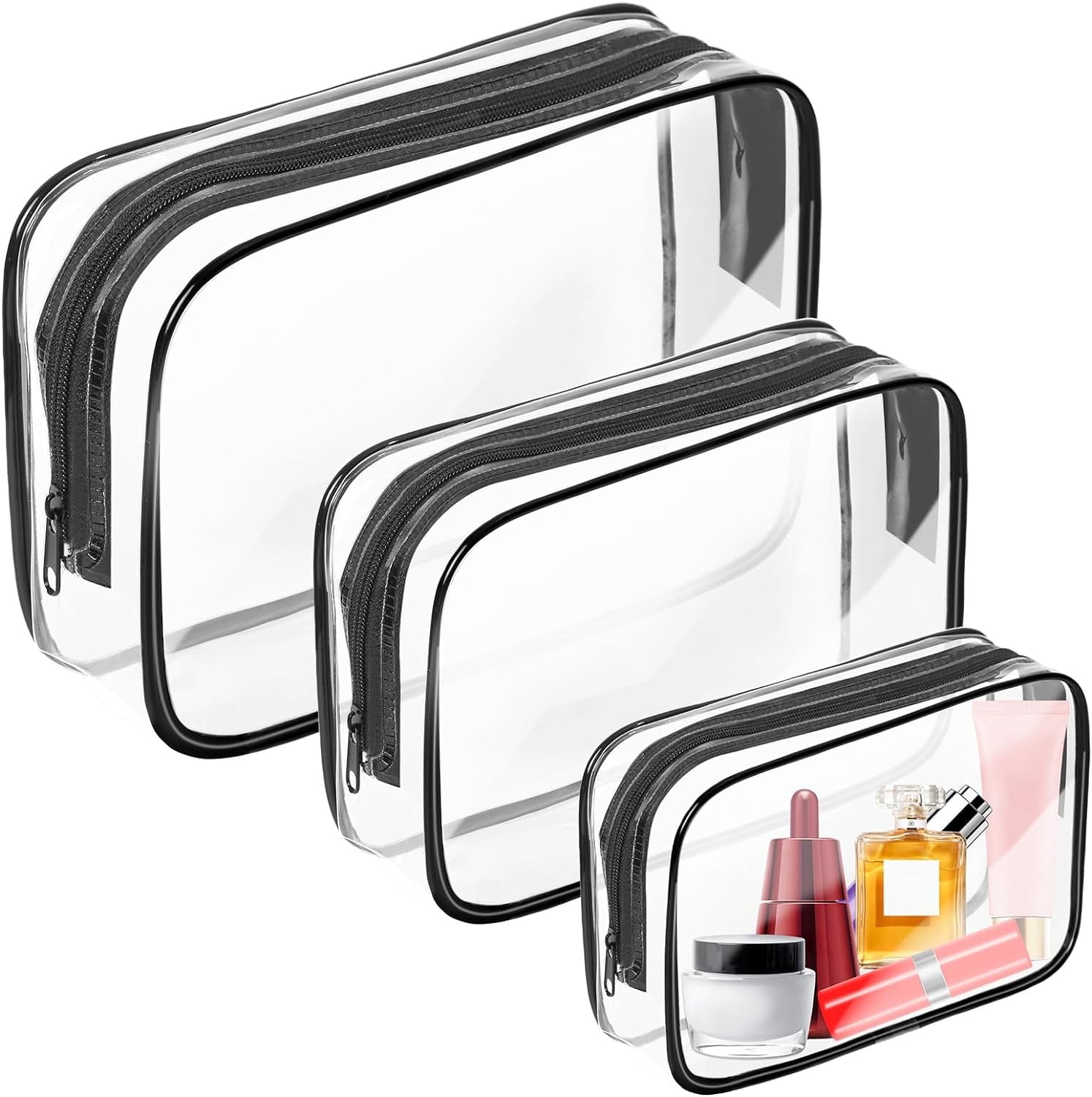 Clear Toiletry Bag, 3 Pack TSA Approved Travel Toiletry Bag, Carry on Travel Accessories Bag, Portable Travel Makeup Bags with Zipper, Makeup Cosmetic Bag for Women,Men (Black-3 Size)