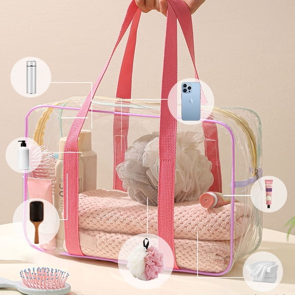 Clear Toiletry Bag Portable Beach Cosmetic Pouch Scratch Zippered Makeup Organizer for Concert Airport Travel Work Gym School, 33 cmx15 cmx26 cm, Pink