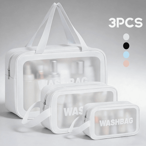 Clear Toiletry Bag Set, 3-Piece Transparent Makeup Organizer with Handles, Collapsible Travel Cosmetic Bags with Zippers, Waterproof, White