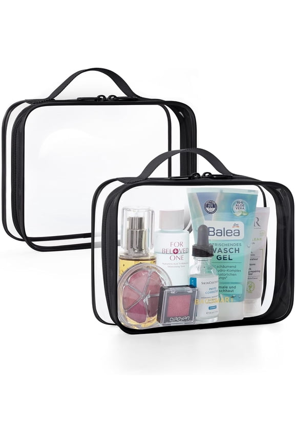 Clear Toiletry Bag, TSA Approved Travel Toiletry Bag Carry On Travel Accessories Bag Airport Airline Quart Size Bags water-resistant Makeup Bag for Women Active Black-with handle+180° open,2 Pack