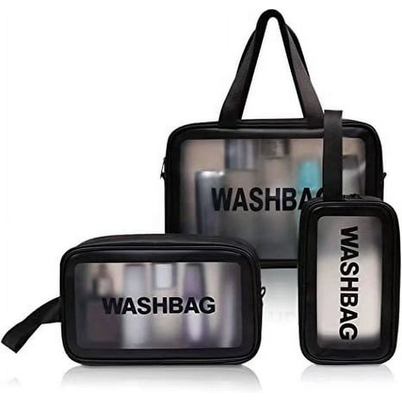 Clear Toiletry Bags, Travel Makeup Bag, Waterproof Cosmetic Bag Clear PU Zippered Makeup Bag Portable Toiletry Wash Bag Toiletry Organizer for Travel Women and Kids (Black)