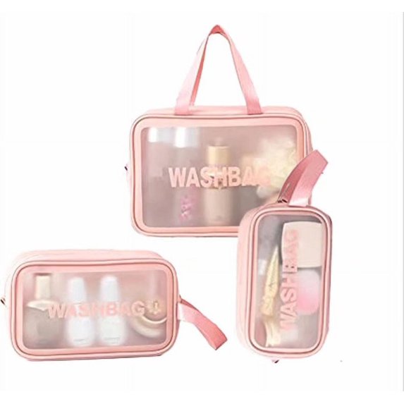 Clear Toiletry Bags, Travel Makeup Bag, Waterproof Cosmetic Bag Clear PU Zippered Makeup Bag Portable Toiletry Wash Bag Toiletry Organizer for Travel Women and Kids (Pink)
