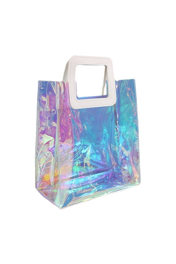 Clear Tote Bag Holographic Rainbow Shopping Bag Multi-Use Big Capacity Shoulder Handbag for Work Gym Sports Travel Beach