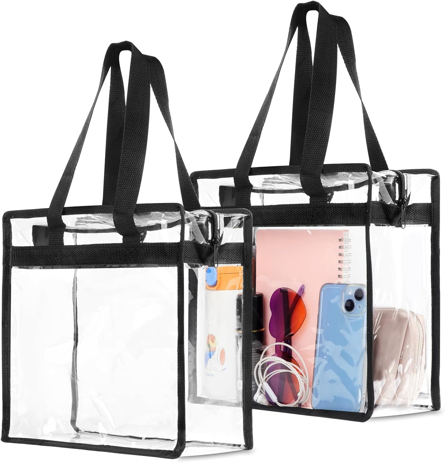 Clear Tote Bag Stadium Approved,11.8"x5.9"x11.8" Clear Bag with Zipper Tote Bag , Quick Pass Clear Bag for Work, Beach, Stadium(2 Pack)