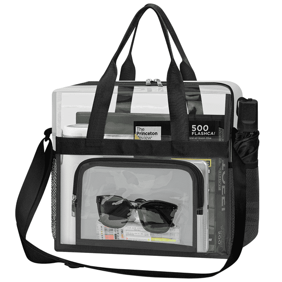 Cshidworld Clear Tote Bag for Stadium Events 12x12x6, Clear Bag with Reinforced Strap, Clear Tote Lunch Bag with 2 Side Pocket and Front Pocket for Work, Sports Games Concerts Festival, Black