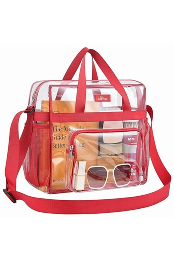 Clear Tote Bag Stadium Events Nylon Top Handle PVC Transparent Toiletry Large Shoulder Crossbody Travel Beach Concert(red)