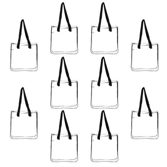 Clear Tote Bags Set of 10, Bulk Pack - Reusable, Great for Shopping, Grocery, Beach, Picnic, Wedding Favors - Black Clear