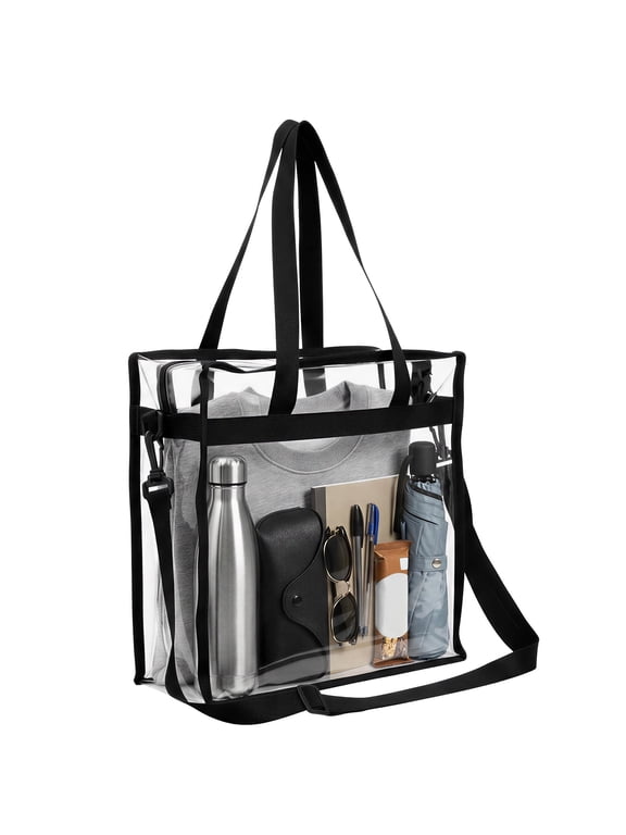 Stadium Approved Clear Bag with Zipper, 12x6x12 inch Clear Tote Bag for Concerts & Sporting Events, Adjustable Strap, Black