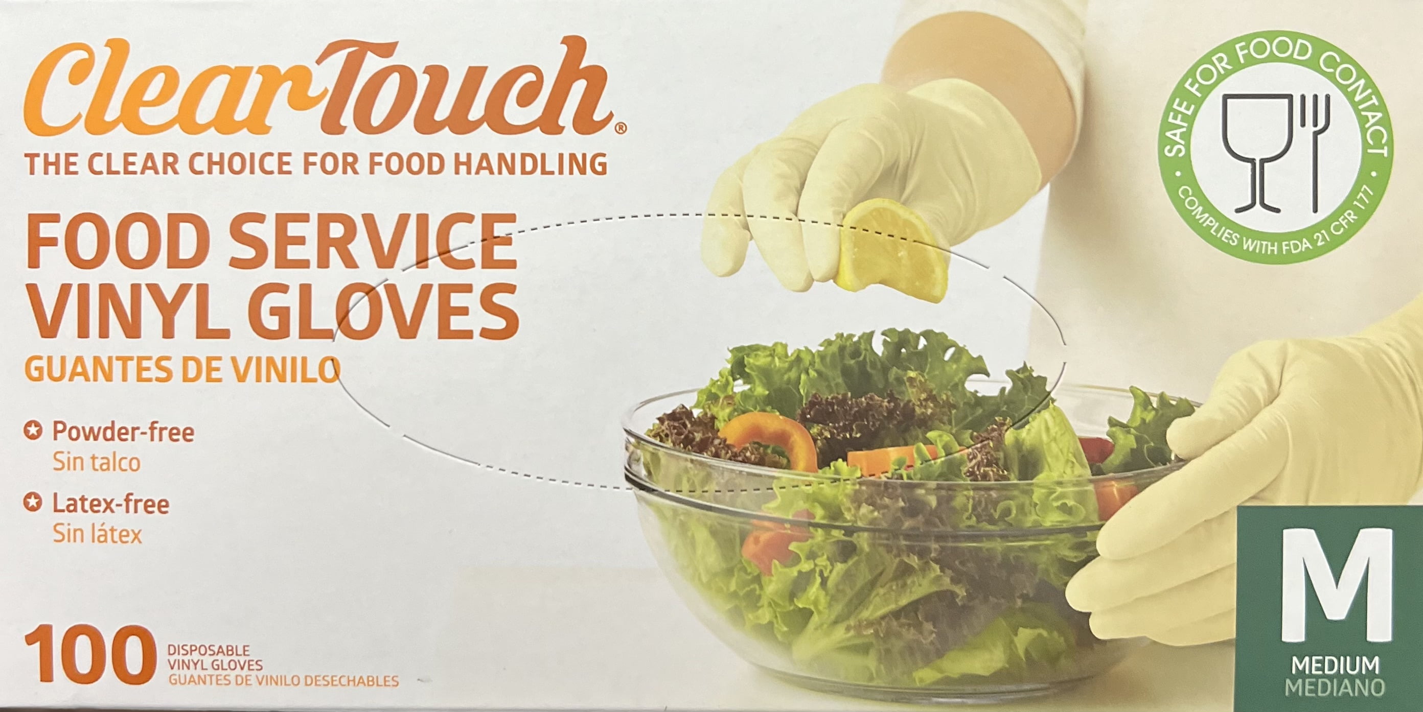 Clear Touch Food Service Vinyl Gloves Powder Free / Latex Free Pack of 100 Gloves Size M
