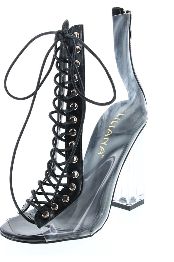 Clear Translucent Transparent Lace Up Peep Toe Ankle bootie w Perspex Block Heel