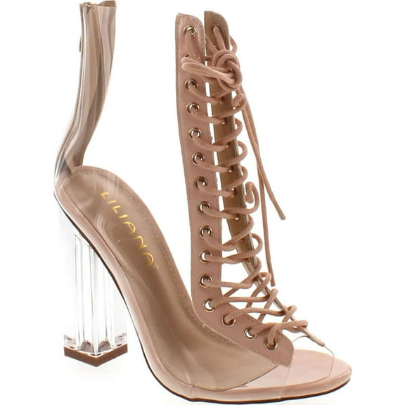 Clear Translucent Transparent Lace Up Peep Toe Ankle bootie w Perspex Block Heel