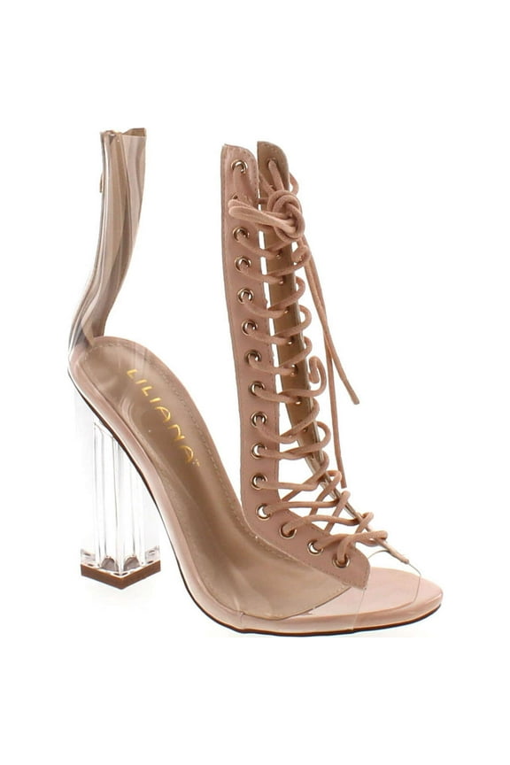 Clear Translucent Transparent Lace Up Peep Toe Ankle bootie w Perspex Block Heel