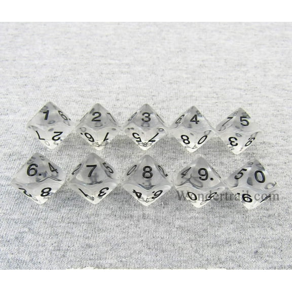 Clear Transparent Dice with Black Numbers D10 16mm (5/8in) Pack of 10 Koplow Games