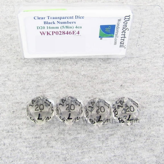 Clear Transparent Dice with Black Numbers D20 16mm (5/8in) Pack of 4 Wondertrail