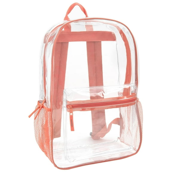 Clear Transparent Heavy Duty Waterproof Stadium Approved Backpack with Colored Trim and Mesh Side Pockets for Women in Coral