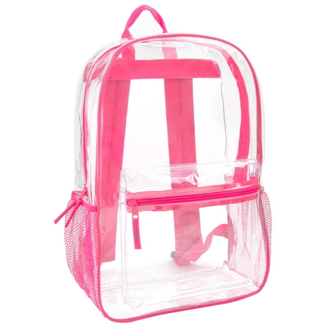 Clear Transparent Heavy Duty Waterproof Stadium Approved Backpack with Colored Trim and Mesh Side Pockets for Women in Pink