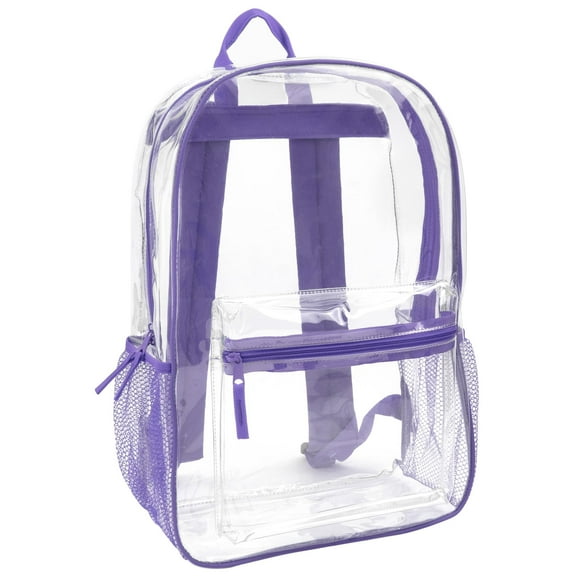 Clear Transparent Heavy Duty Waterproof Stadium Approved Backpack with Colored Trim and Mesh Side Pockets for Women in Purple