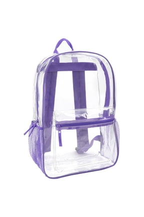 Clear Transparent Heavy Duty Waterproof Stadium Approved Backpack with Colored Trim and Mesh Side Pockets for Women in Purple