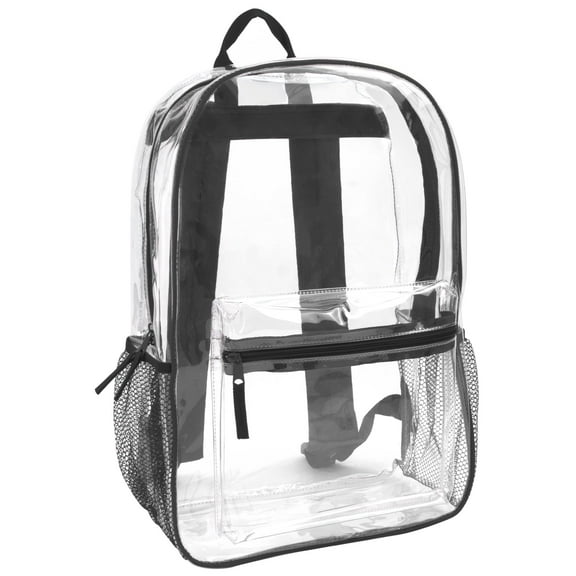 Clear Transparent Heavy Duty Waterproof Stadium Approved Unisex Backpack with Colored Trim and Mesh Side Pockets in Black