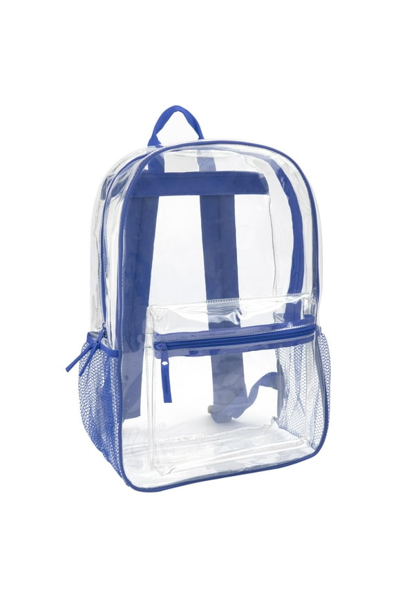 Clear Transparent Heavy Duty Waterproof Stadium Approved Unisex Backpack with Colored Trim and Mesh Side Pockets in Blue