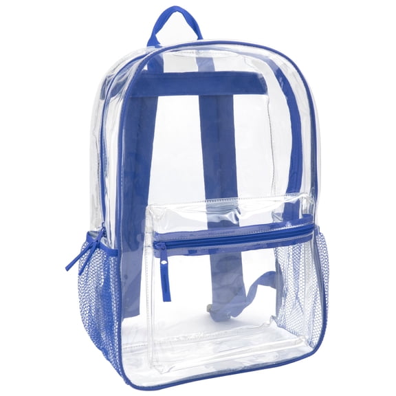 Clear Transparent Heavy Duty Waterproof Stadium Approved Unisex Backpack with Colored Trim and Mesh Side Pockets in Blue
