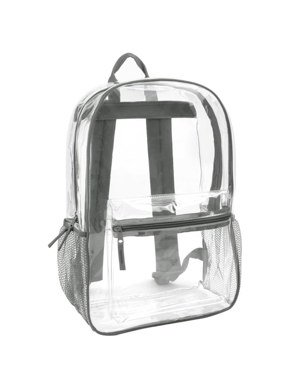 Clear Transparent Heavy Duty Waterproof Stadium Approved Unisex Backpack with Colored Trim and Mesh Side Pockets in Gray