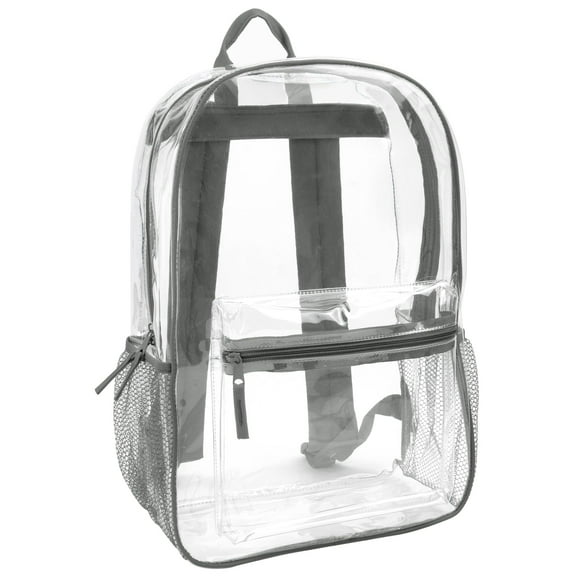 Clear Transparent Heavy Duty Waterproof Stadium Approved Unisex Backpack with Colored Trim and Mesh Side Pockets in Gray