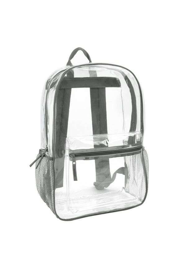 Clear Transparent Heavy Duty Waterproof Stadium Approved Unisex Backpack with Colored Trim and Mesh Side Pockets in Gray
