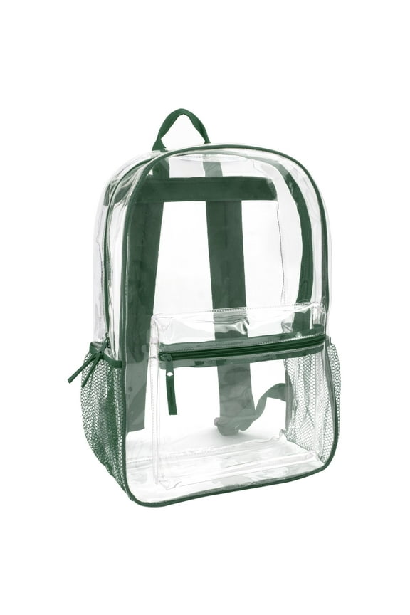 Clear Transparent Heavy Duty Waterproof Stadium Approved Unisex Backpack with Colored Trim and Mesh Side Pockets in Green