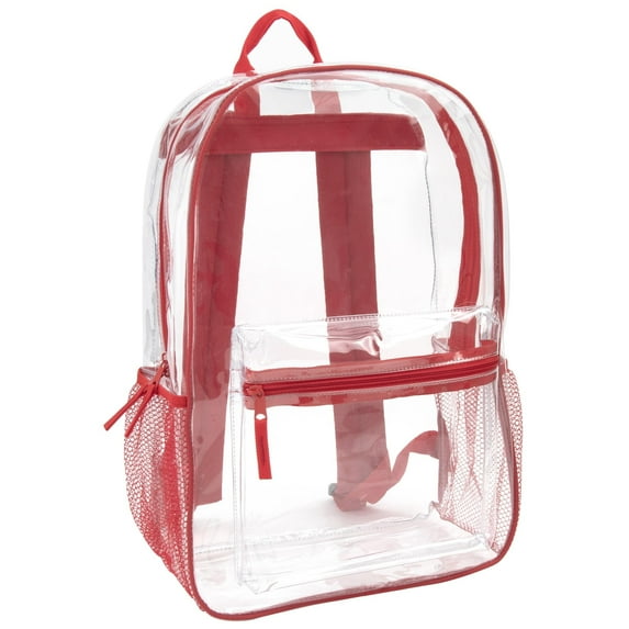 Clear Transparent Heavy Duty Waterproof Stadium Approved Unisex Backpack with Colored Trim and Mesh Side Pockets in Red