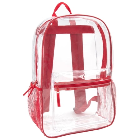 Clear Transparent Heavy Duty Waterproof Stadium Approved Unisex Backpack with Colored Trim and Mesh Side Pockets in Red price history and forecast - Trailmaker
