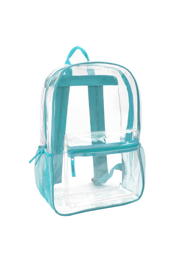 Clear Transparent Heavy Duty Waterproof Stadium Approved Unisex Backpack with Colored Trim and Mesh Side Pockets in Turquoise