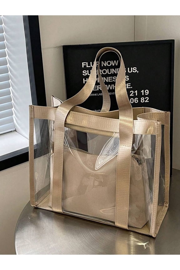 Clear Transparent PVC Tote Bag With Metallic Gold-Tone Straps, Large