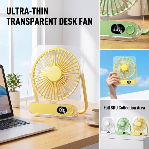 Clear Transparent Slim Mini Desktop Fan Quiet Brushless High-Speed Motor Rechargeable Battery Powered Portable Table Fan Multi Wind Speed Adjustable Tilt Small Cooling Fan For Office Work Desk