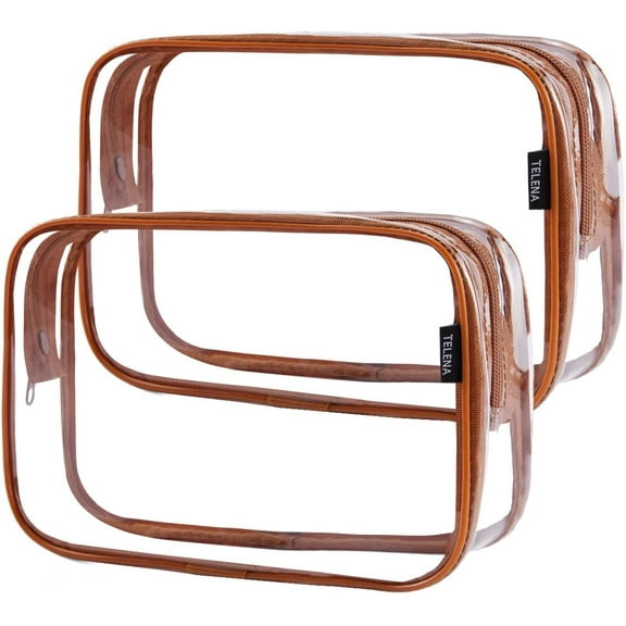 Clear Travel Essentials Toiletry Bags - TSA Approved 2PCS Multifunctional Cosmetic Makeup Packs,Quart Size Carry On Accessories,Luggage Organizer For Women & Men,PVC Material,Brown