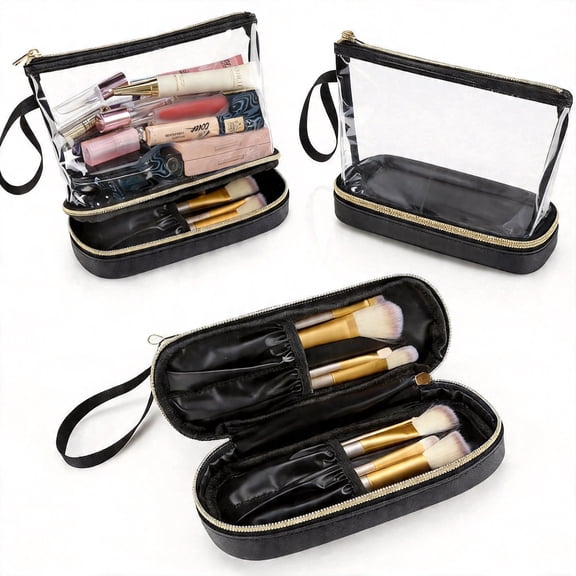 Clear Travel Makeup Bag Cosmetic Toiletry Organizer TSA Approved Waterproof Pouch for Brushes and Accessories PVC Zippered Case 1-Piece Black