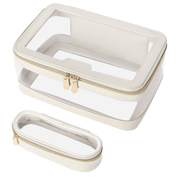 Clear Travel Makeup Bag with Makeup Brush Organizer, Transparent Waterproof Cosmetic Case Toiletry Bag for Women, Portable Leather Cosmetic Organizer Storage Bag with Zipper Closure
