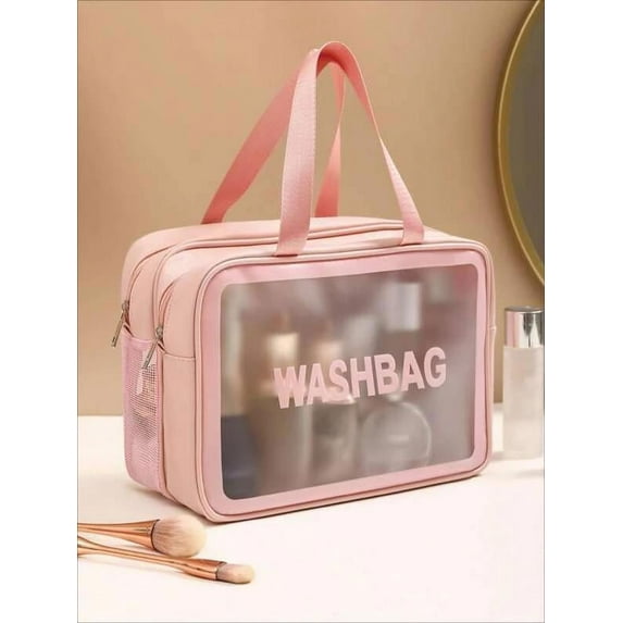 Clear Travel Makeup Bag for Women PVC Waterproof Large Zipper Bag with Dividers for Stadium Cosmetic Toiletry Organizer Tote Bag Pink