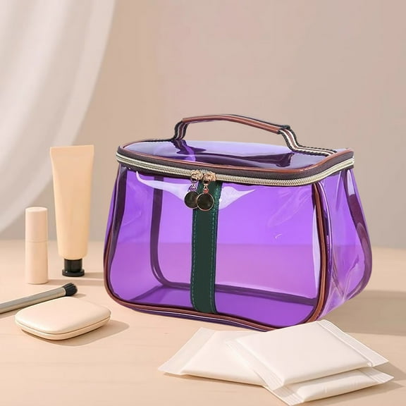 Clear Travel Makeup Organizer Bag Semi Transparent Cosmetic Pouch with Zipper Leather Handle for Women Everyday Use