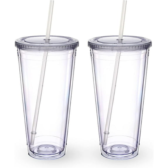 Clear Tumblers with Lid and Straw 20oz/2 PACK,Reusable Plastic Cup,Double Walled Insulated Reusable Plastic Iced Coffee Cup suitable for Cold Drinks, Juice, Coffee,Crystal Clear,Fall Resistant