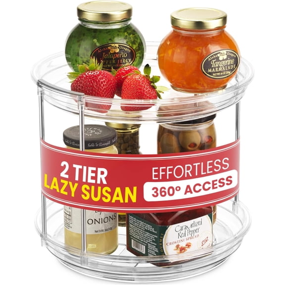 Clear Two Tier Lazy Susan Organizer - Rotating Rack Turntable for Kitchen Cabinet, Countertop, Bathroom or Dining Table. Spinning Carousel Racks for Counter and Pantry Cabinet Storage