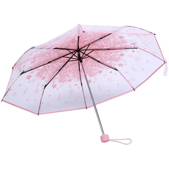 Clear Umbrella, 1PC Transparent Folding Umbrella Fashionable Princess Umbrella Cherry Blossom Windproof Travel Umbrella for Girls Boys Students