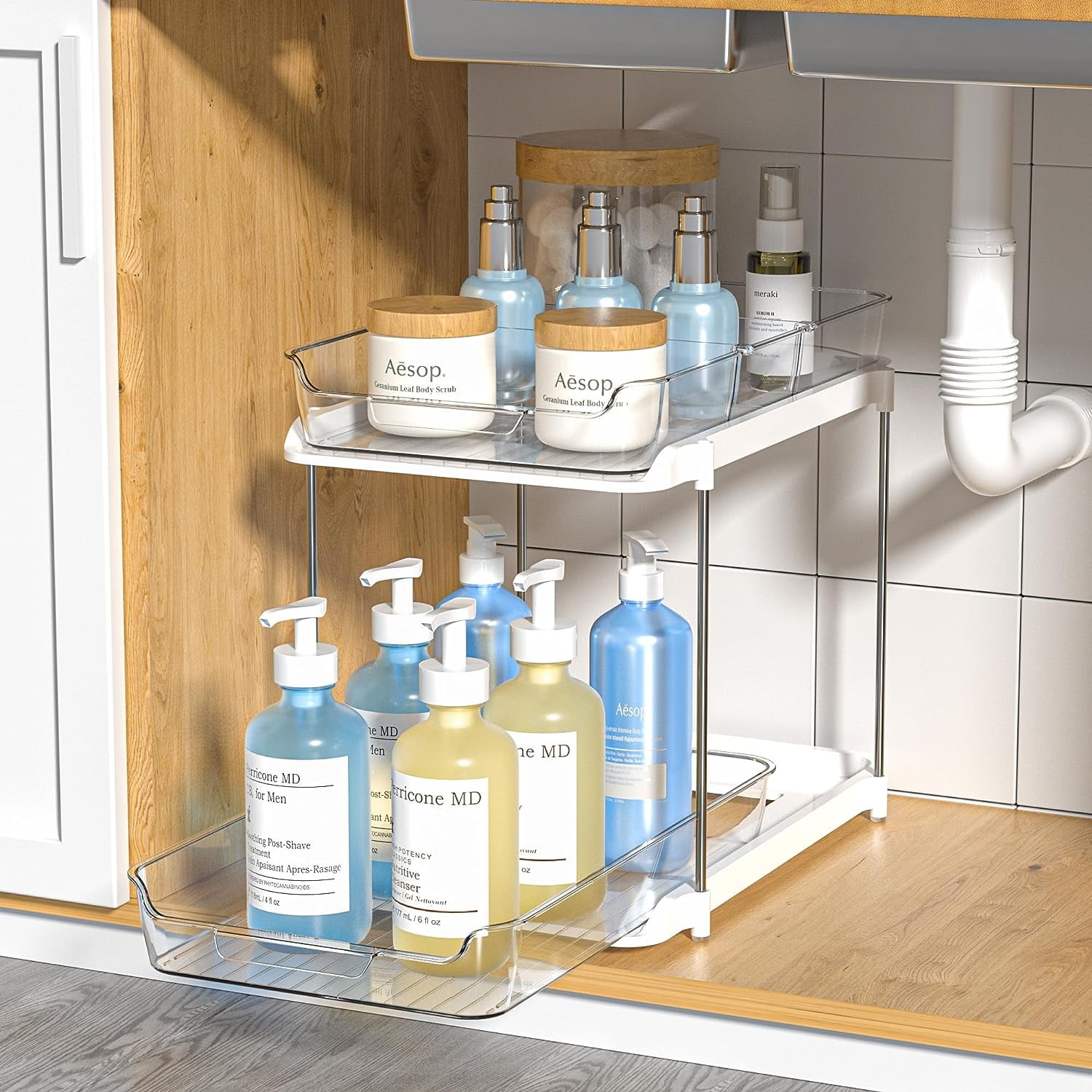Clear Under Sink Organizers Delamu 2 Tier Sliding Drawer Under the Counter Bathroom Storage with Divider Stackable 1 Pack