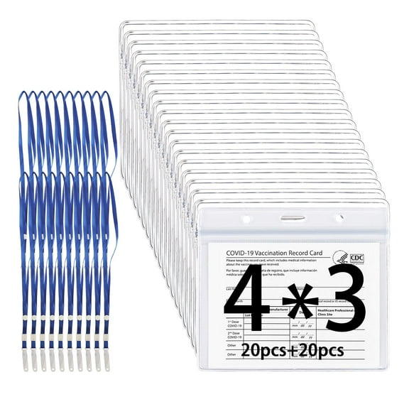 Clear Vaccination Card Protector Waterproof 43 in for CDC Immunization Badge, Vinyl Plastic Sleeve Pouch w 3 Lanyard Slots for Events & Travel (20pcs)