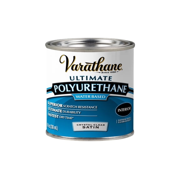 Clear, Varathane Satin Ultimate Crystal Clear Polyurethane Water-Based-200261H, Half Pint
