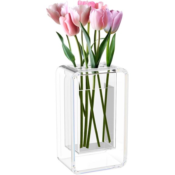 Clear Vase for Flowers,Acrylic Flower Vases for Centerpieces,Unique 7.87Inch Tall Floating Modern Home Desk Decorative Vases for Living Room/Dining/Kitchen/Office/Wedding Decor