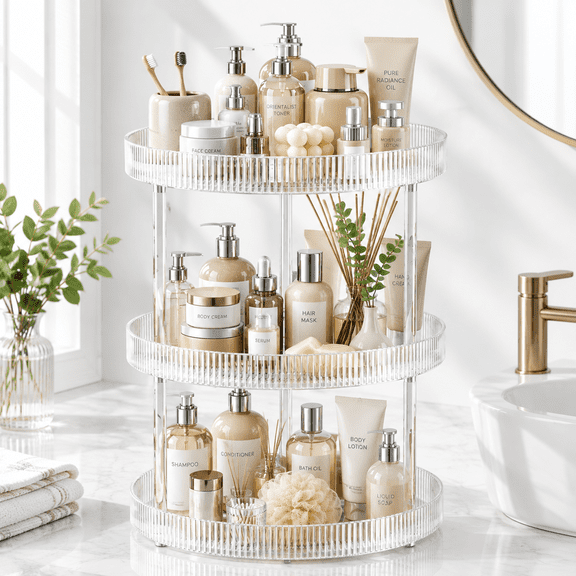 Clear Vertical Stripes-round Plate 3 Tier / 10.6 Inch Lazy Susan Turntable Organizer